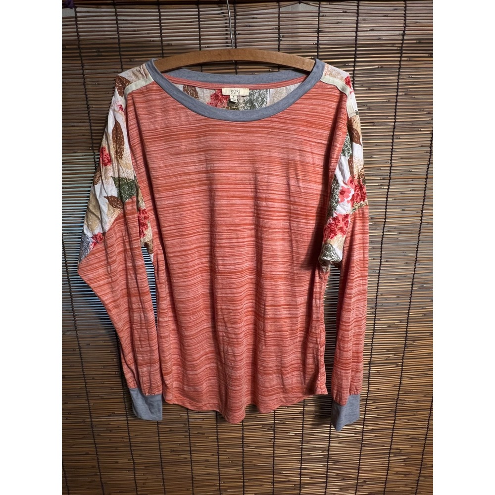 Kori America Orange Space Dye Floral Mixed Media Long Sleeve Top Small N6882